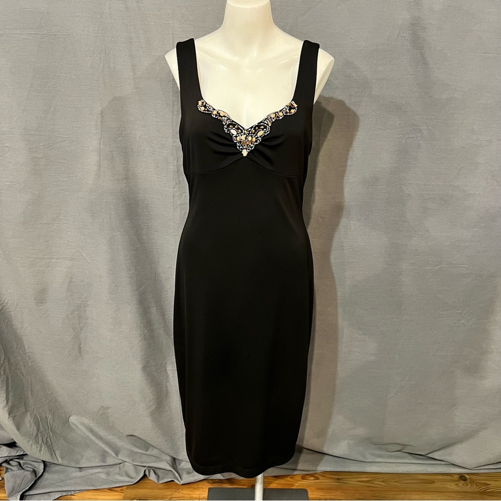 David Meister Black Midi Dress with Embellished Neckline